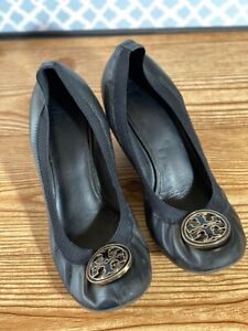 Tory Burch Womens Caroline Black Elastic Leather Wedges Size 10W