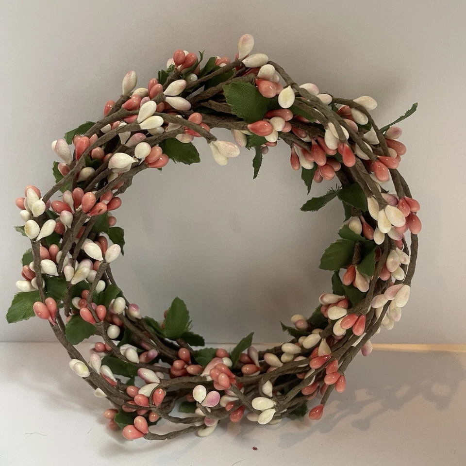 Pip Berry Candle Ring Lt Coral & White Berries 4” Floral Country Decor Primitive - Image 1 of 4