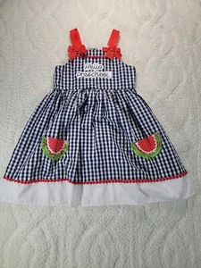 Nannette Kids Hello Preschool Dress 6x Navy Plaid Red Bows Searsucker Watermelon - Picture 1 of 12
