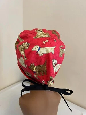 New Unisex Scrub Hat Cap Nurse Medical Bonnet - RED Dogs Vet Tech - Tie Back - Image 1 of 4