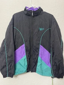 Vintage Reebok Jacket Medium Black Purple Full Zip Windbreaker M - Picture 1 of 7