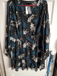 LANE BRYANT fit that flattersBLK/WHT/blue PRINT TUNIC-HI/LOW HEM long sleeve NWT - Picture 1 of 6