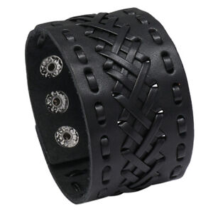 Men Leather Punk Cuff Bracelet Belt Wide Cowhide Buckle Wrap Braided Wristband