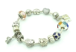 Pandora 925 Sterling Silver Moments Heart Clasp Snake Chain Bracelet w/12 Charms - Picture 1 of 8