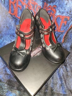 DEMONIA CRYPTO06 BLACK MARY JANES W/BOX SIZE 9 WIDE HEEL T-STRAP GREAT CONDITION - Image 1 of 4