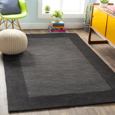 8x10 Handmade Wool Area Rug Charcoal Gray Modern Solid Border Carpet Living Room - Image 1 of 4