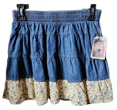 Dollhouse Floral Chambray Denim Mini Skirt Stretch Blue Cute Size S 3-5 NMT - Image 1 of 4