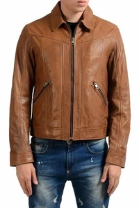 Just Cavalli Men's 100% Leather Brown Dice Print Full Zip Jacket US S IT 48 - Picture 1 of 6