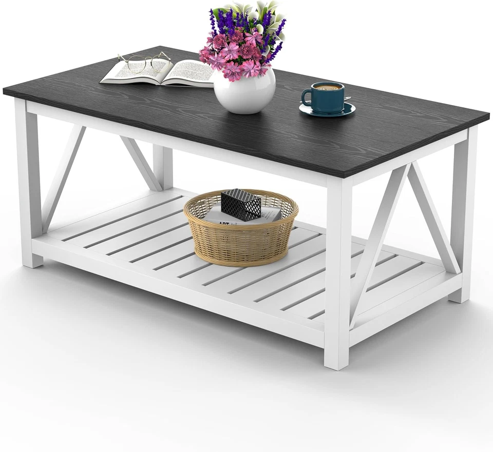 Farmhouse咖啡桌带储物2层中心鸡尾酒桌客厅 — 第 1/4 张图片