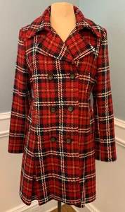 Tommy Hilfiger Coat Womens 14 Red Tartan Plaid Wool Tweed Lined Peacoat Preppy - Picture 1 of 9