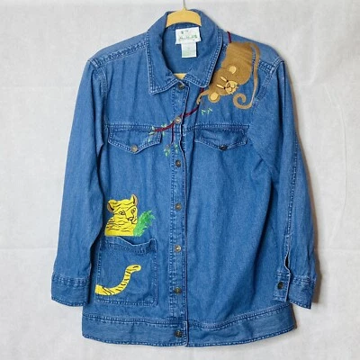 Quacker Factory Denim Blue Jacket Embroidered Wild Animals Jungle Pockets Size M - Image 1 of 4