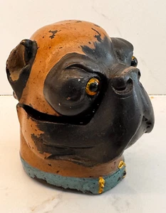 Antique 19th Century French Bull Dog Inkwell Collar Novelty metal polychrome - Picture 1 of 8
