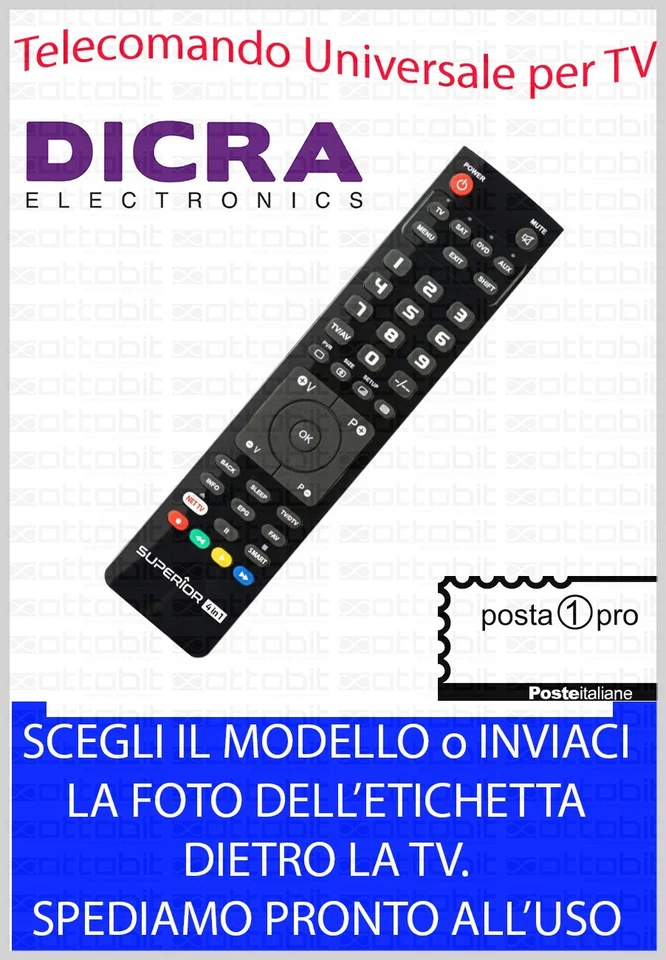 TELECOMANDO UNIVERSALE per TV DVD BD DECODER DTT SAT DICRA SCEGLI MODELLO - Immagine 1 di 1