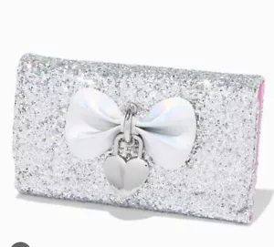 Claire’s Silver Pink Sparkling Glitter Heart Bow Wallet Locket Tri Fold - Picture 1 of 3