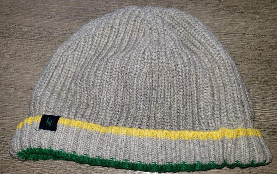 SOMBRERO DE INVIERNO TEJIDO JANIE AND JACK niños talla 2T - 3T gris amarillo verde a rayas forrado Foto 1 de 1