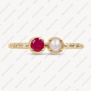 3.5mm Ruby & Natural Pearl with Studded Real Diamond Toi Et Moi Ring 14k Gold - Picture 1 of 6