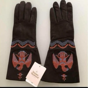 Vivienne Westwood Sheepskin Brown Lather Long Gloves Cross Stitch Embroidery New - Picture 1 of 8