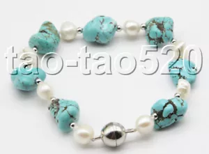 Natürliches Barock 8" weiße Perlen blau türkis Armband K600 - Bild 1 von 1
