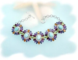 Garnet-Citrine-Iolite-Amethyst-Peridot-Larimar-Rhodium-Silver Bracelet Size-8 - Picture 1 of 5
