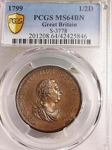 1799 GREAT BRITAIN 1/2 PENNY (1/2 D) KING GEORGE III PCGS MS-64 BN. SOHO Mint - Picture 1 of 4