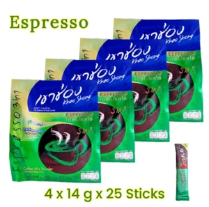 ( Pack of 4 ) Khao Shong 3 in 1 ESPRESSO Less Sugar Coffee Mix Powder, 25 Sticks - Picture 1 of 14