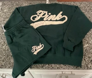 NEW Victoria's Secret Pink Set L Crewneck Sweatshirt & Shorts Green Limited Ed - Picture 1 of 5