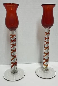 Hand Blown Red Swirl Candle Stick Holders - Picture 1 of 11