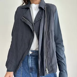 Flax Jacket Womens Small Blue Linen Moto Lagenlook Artsy Utility Jersey Sleeve - Picture 1 of 11