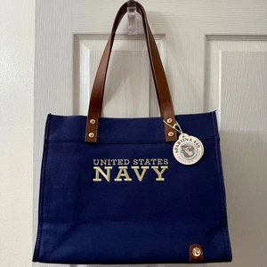 Spartina 449 United States Navy Canvas Tote Bag Leather Handles USA Flag Patch - Picture 1 of 15