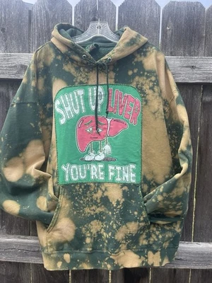 Upcycle Sweatshirt OOAK Bleached Green Distressed Liver Appliqué Hand Stitched - Image 1 of 4