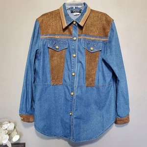 Vintage 1990's Womens Rodeo Western Button Up Shirt Size 16 Suede Denim Studded - Picture 1 of 11