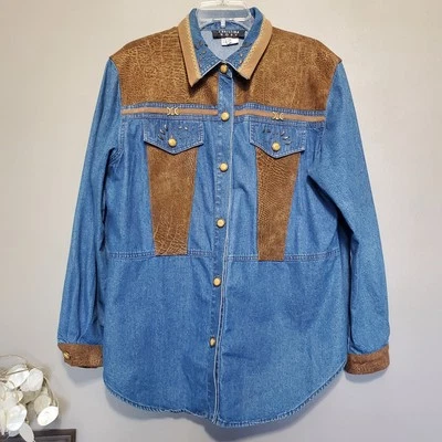 Винтажная женская рубашка родео вестерн 1990-е на пуговицах размер 16 замшевая джинсовая ткань с заклепками - Изображение 1 из 4