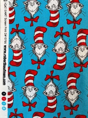 Fabric -OOP Dr Seuss Cat in the Hat Robert Kaufman Cotton 14.5” L x 42” W Washed - Image 1 of 4