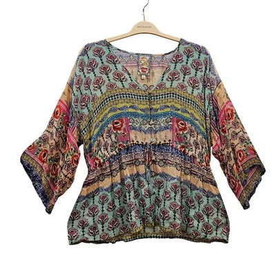 Blusa Johnny Was Boho bordada pássaro estampa floral gola V amarrar cintura tamanho G - Imagem 1 de 4