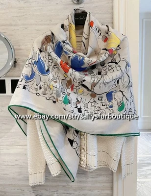 Sallys 70% Cashmere & 30% Silk Wrap Scarf Horses Print Double Face Shawl 53" - Image 1 of 4