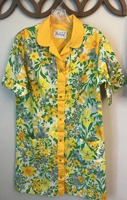 De Colección Modelos Años 70 Abrigo Casa Bata Vestido M Groovy Amarillo Floral MCM Agarre Broches a presión Foto 1 de 4