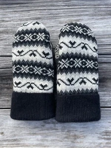 Handmade Upcycled Wool Sweater Mittens Fleece Lined Cashmere Cuff Gray Black - Picture 1 of 3