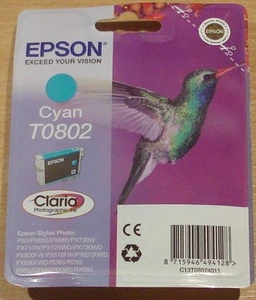 GENUINE EPSON T0802 TO802 Cyan blue cartridge ORIGINAL HUMMINGBIRD vac' seal ink - Picture 1 of 3