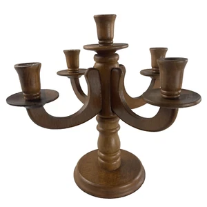 Candelabro vintage in legno chiaro fatto a mano 4 bracci con portacandele conico superiore 12" Tal - Foto 1 di 13