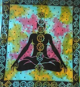 Indian Cover 7 Chakras Turquoise Meditation 230x210cm Tie Dye Cotton - Picture 1 of 1