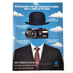 Minolta Camera 90s VTG PRINT AD Freedom Zoom 105i Snapshot Magritte Bowler Hat - Picture 1 of 1