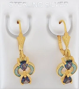 GENUINE OPAL & MYSTIC TOPAZ DANGLING EARRINGS .925 Silver (yellow) -NEW WITH TAG - Picture 1 of 5