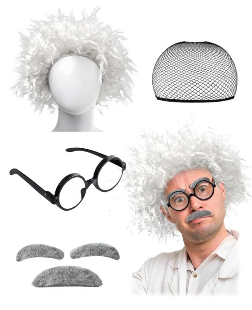 Máscara Cientista Bigode Cabelo Branco Velho Óculos