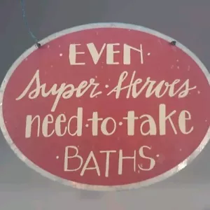 Rustic Metal Sign Super Heros Need To Take Baths Oval Hanging Red - Picture 1 of 11