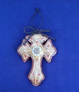 Leather or Faux Leather Cross Christian Metal & Rhinestone Center Western  - Picture 1 of 2