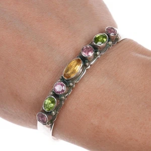 6.25" c1980's southwestern sterling gemset Tourmaline/Topaz cuff bracelet - Picture 1 of 9