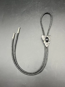 Western Bolo Tie Silver Tone Arrowhead with Black Stone & Black Leatherette Cord - Picture 1 of 9