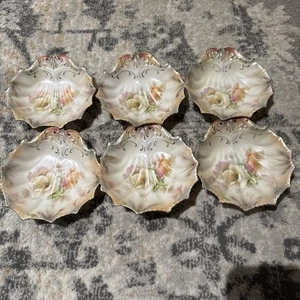 "Juego de 6 platos de bayas de porcelana floral pintados a mano RS Prusia borde dorado a juego" - Imagen 1 de 14