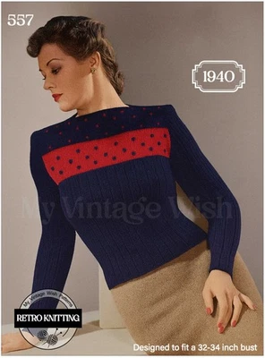 1940's Striped Sweater with Embroidered Spots Knitting Pattern Bust 33-34 - Image 1 of 2