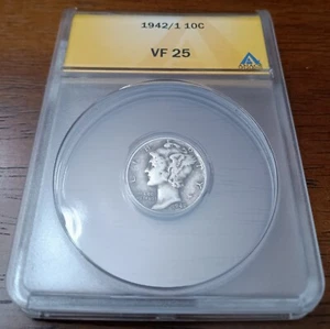 1942/1 Liberty Head ("Mercury") dime, ANACS VF-25, classic US overdate - Picture 1 of 4